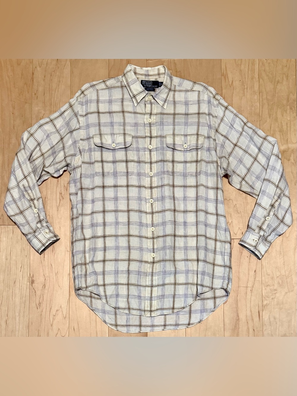 VTG Polo Ralph Lauren Halpern 100% Linen Button Down Shirt Cream Plaid Men’s M